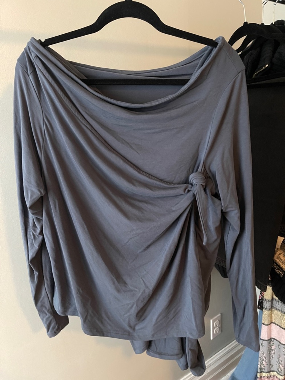 Draped Cowl-Neck Long Sleeve Top in Slate Blue